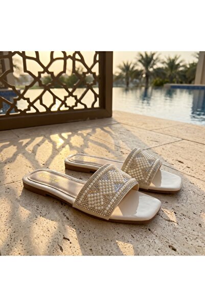 Fuzhoulanyang Women’s Fashion Flat Slide Sandals, Pearl Rhinestone Open Toe S...