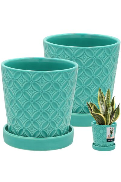 KOTARBAU 2 buc. Ghiveci rotund turcoaz de 13 cm cu farfurioară, din ceramică ...