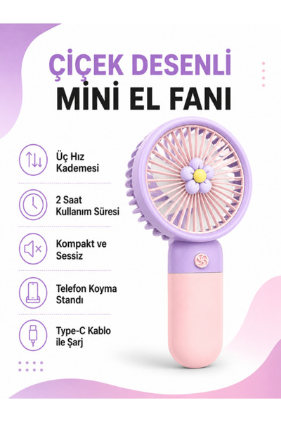 Golden Tech Çiçek Desenli Şarjlı Mini El Ve Masa Fanı Mini El Pervanesi
