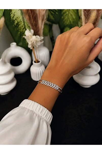ENORİA ACCESSORİES Zirkon Taşlı Çelik Kelepçe Bileklik – Gümüş Renk