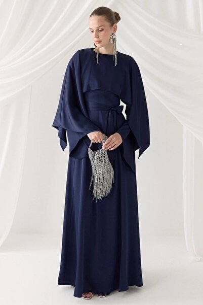 Ahel Tasarım Ahel-Cape Detailed Chain Belted Evening Dress - Navy Blue