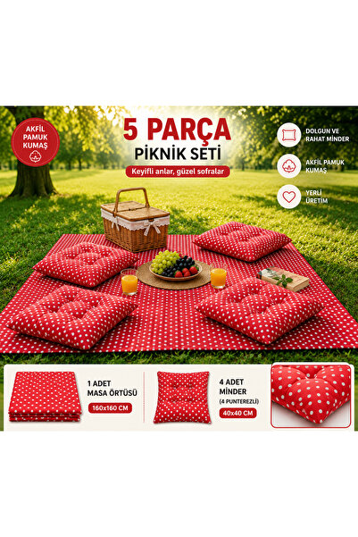 abidehanım Pufia Premium 5 Parça Piknik Seti | 160x160 Masa Örtüsü + 4 Punter...