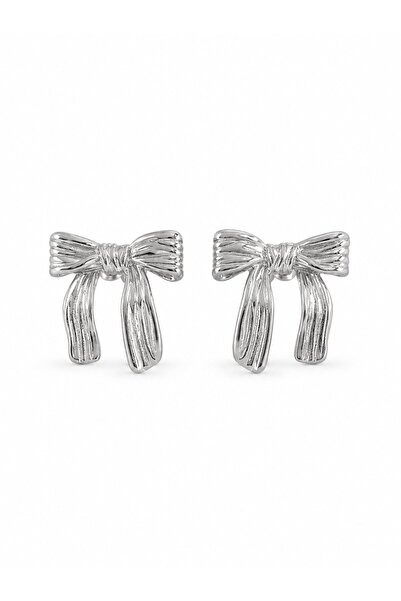 serelya Brass Silver Color Line Detail Bow Earrings