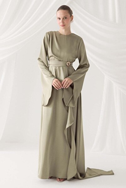 Ahel Tasarım Ahel Flounce Brooch Detailed Satin Evening Dress - Black