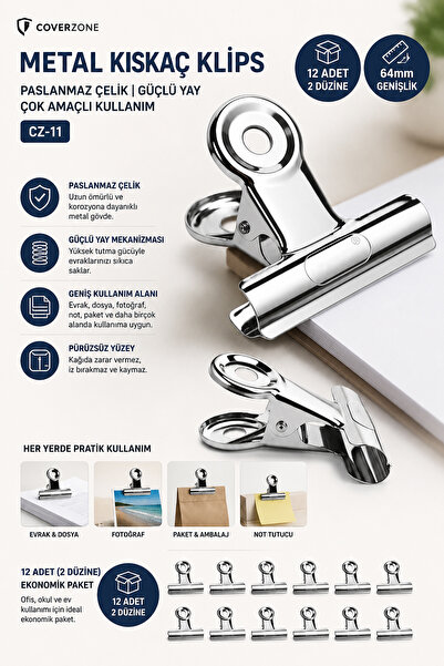 Coverzone Metal Clamp Clip 64mm 12Pcs 2 Dozen,Stainless Steel Large Paper Cli...