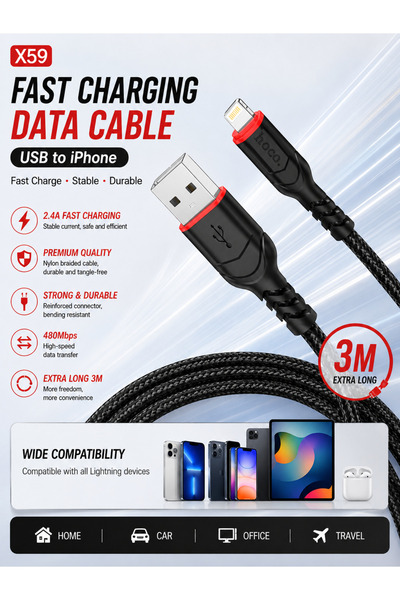 hoco. Cablu de încărcare și transfer de date HOCO X59 USB-A la Lightning, 3m,...
