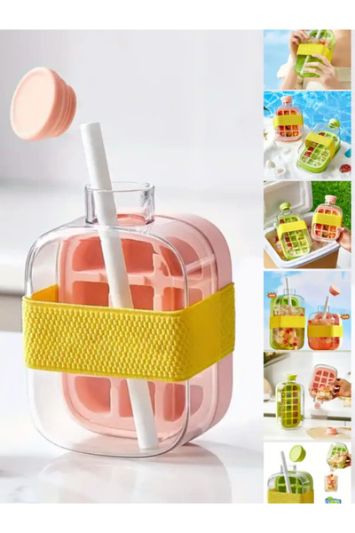 mucit home 500 ml Buz Kalıbı Pipetli Matara Soğuk İçecek Şişesi Buzluklu Suluk