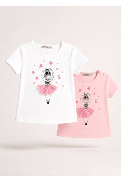 Ozmoz By Mukadder Özden Ballerina Printed White and Pink Girls' T-Shirt Set of 2