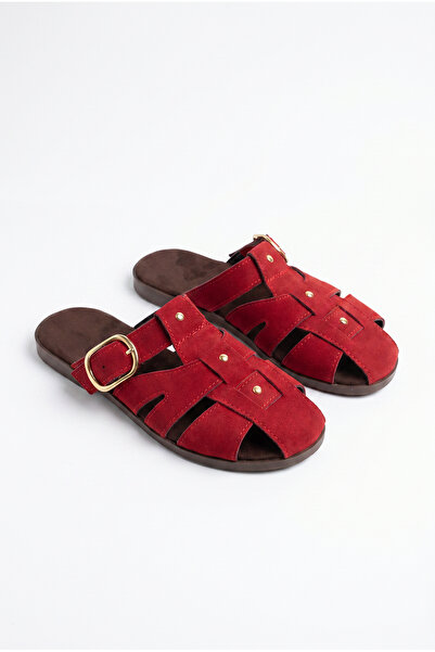 Bianco Lucci Women's Suede Gold Buckle Belt Strap Flat Sole Slippers 50021004