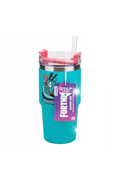 Paladone Cana izolata Fortnite cu pai, 600 ml, albastra, capac multifunctional