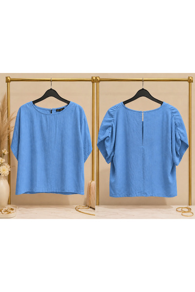 Bebeplus Women's Crew Neck Bat Sleeve Viscose Blouse with Drawstring Detail