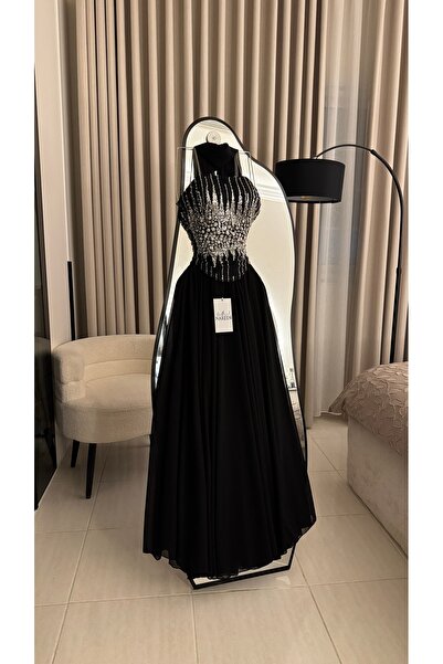 Nareen Fashion Luxurious Black Evening Gown with Sparkling Crystal Embroidery...