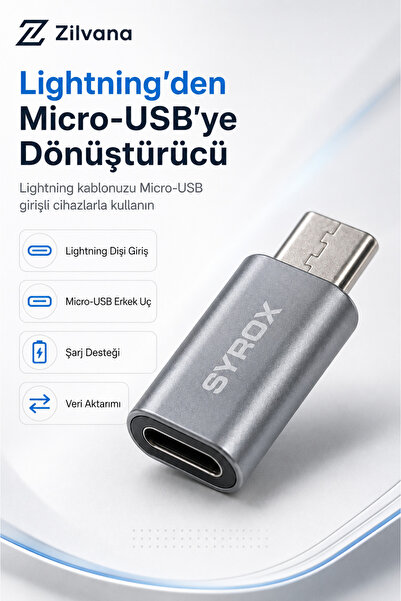 Zilvana Lightning Dişi to Micro-USB Erkek Şarj ve Veri Aktarım Dönüştürücü Ad...