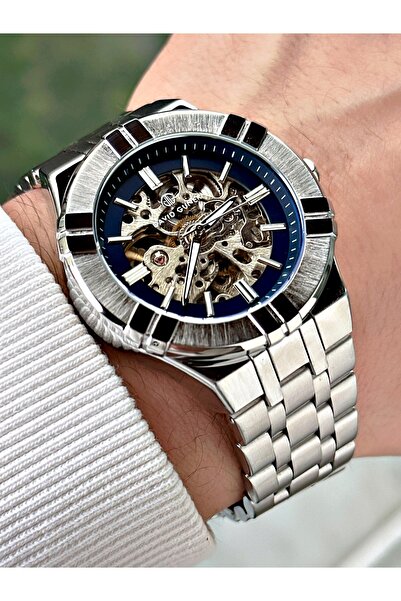 DAVID GUNER Automatic Mechanism Silver-Navy Blue Color Steel Cord Men's Wrist...