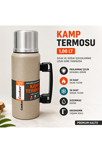Cooker 1 Litre Paslanmaz Çelik Kamp Termosu Çift Katmanlı Vakumlu Sıcak & Soğ...