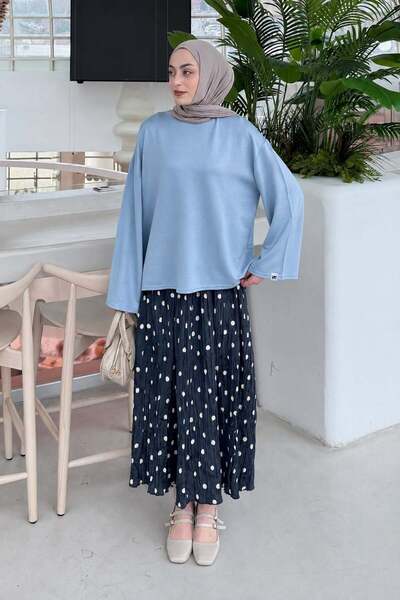 lamelif Sleeve Embroidered Sweatshirt Baby Blue