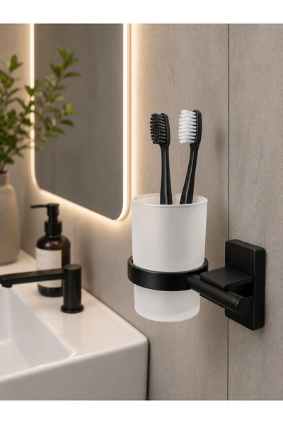 BERFİNO Wall Mounted Toothbrush Holder Bathroom Toothbrush Holder with Glass Cup