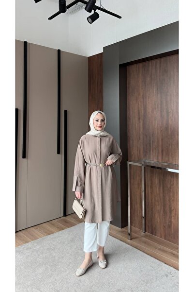 ankanoor Belt Detailed Hidden Button Collared Hijab Tunic 100 cm Anka261036