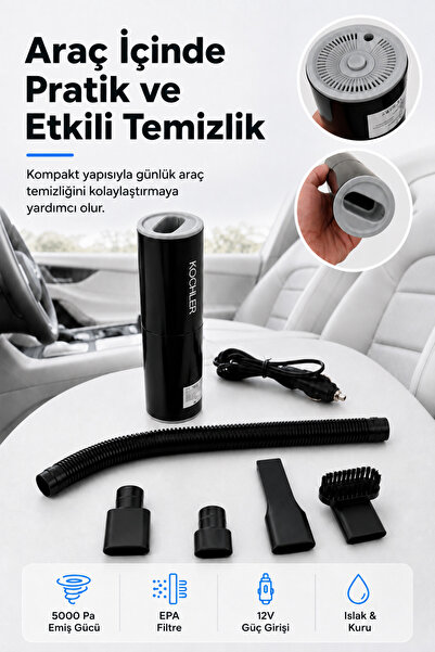 kochler Araç Süpürgesi – 12V Çakmak Girişli, Islak ve Kuru Kullanımlı Kablolu...