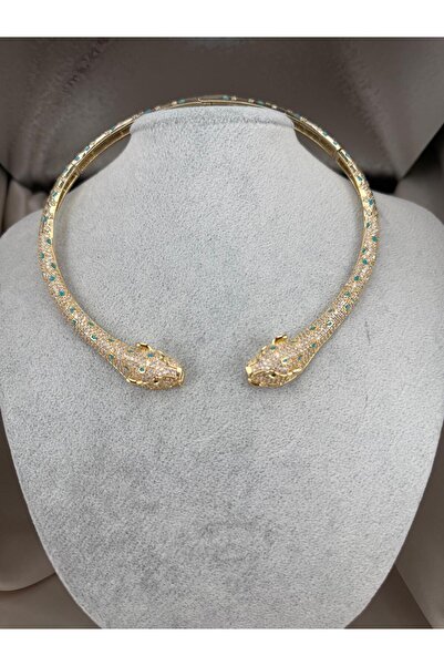ZS Aksesuar Kadın Gold Renk Çift Panter Figürlü Turkuaz Zirkon Taşlı Choker K...