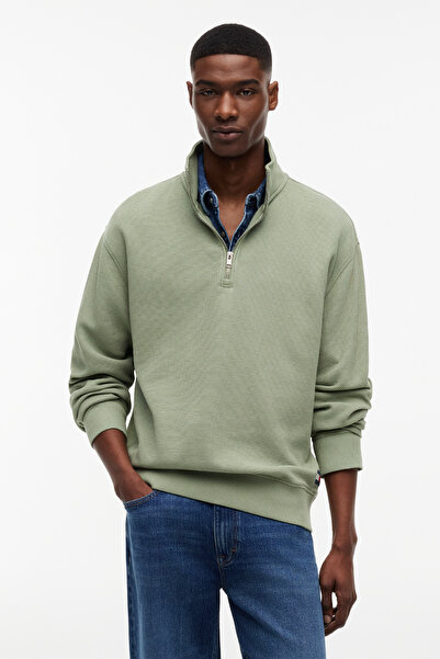 Tommy Hilfiger Relaxed Waffle Label Half Zip Men's Green Sweatshirt