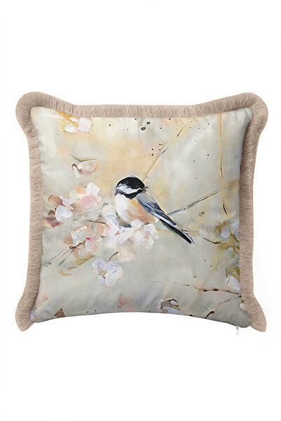 Evimde Bambaşka Birds and Flowers Spring Nature Design Fringed Pillowcase - G...