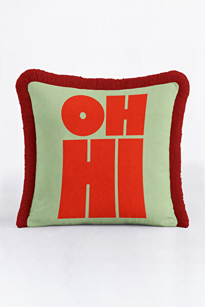 Evimde Bambaşka Pop Art Oh Hi Written Fringed Pillowcase - Retro Bohemian Gre...