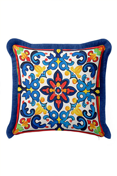 Evimde Bambaşka Tile Ottoman Motif Ethnic Fringed Pillowcase - Italian Saks B...