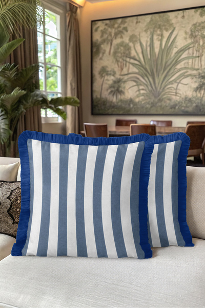 Evimde Bambaşka Striped Stylish Marine Fringed Pillowcase - Sailor Modern Blu...