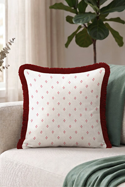 Evimde Bambaşka Elegant Floral Patterned Fringed Pillowcase with Border - Min...