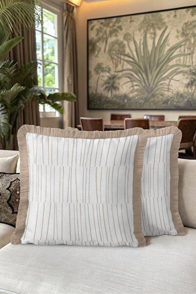 Evimde Bambaşka Striped Elegant Fringed Pillowcase-Geometric Minimal Nordic C...