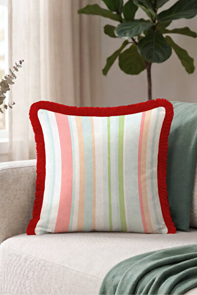 Evimde Bambaşka Striped Colorful Pastel Fringed Pillowcase-Marin Bohemian Tur...
