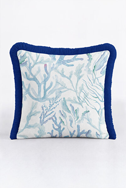 Evimde Bambaşka Sea Coral Design Fringed Pillowcase-Ocean-Inspired Blue Navy ...