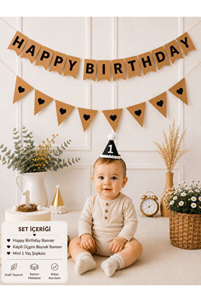 Partifabrik 1 Year Old Kraft Black Triangle Retro Party Set 3 Pieces