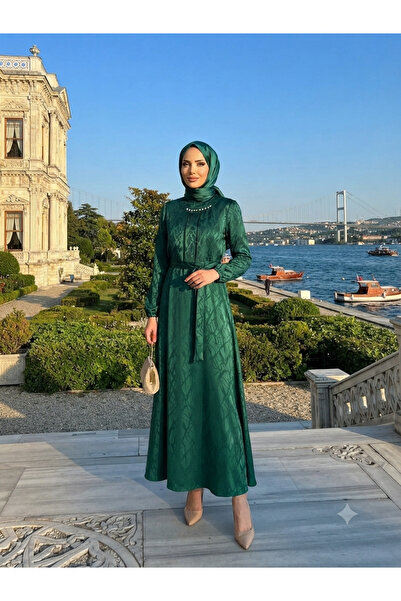 Trktn Zümrüt Yeşili, Saks Mavisi, Siyah Desenli Tesettür Elbise - İnci Detayl...