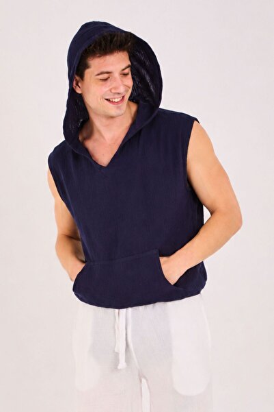 RELAXL Plus Size 100% Cotton Oversize Hooded Sleeveless Navy Blue T-Shirt