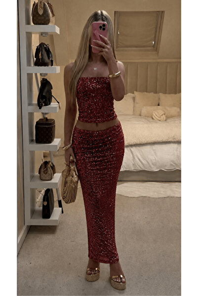 Nurcanilirboutique İbiza pul payet uzun etek büstiyer ikili takım