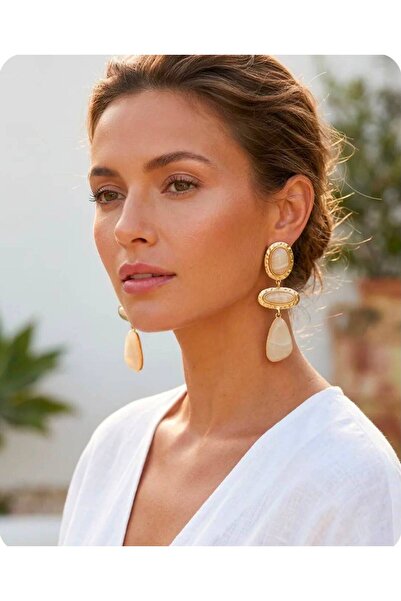 Mervişim Aksesuar Stone-Looking Gold Dangle Hoop Women's Earrings
