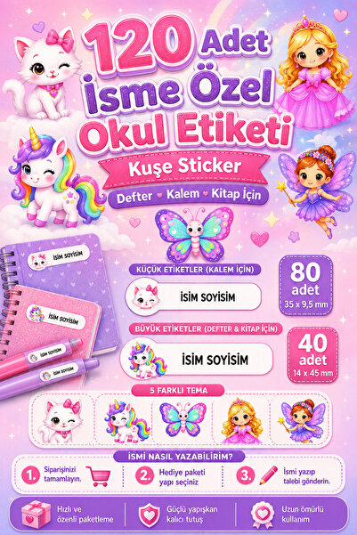cabuk baskı Kız Çocuklara Özel 120 Adet İsime Özel Okul Etiketi Seti 5 Seviml...