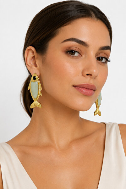 synshop Gold Color Fish Figured Large Women's Earrings with Light Green Stone...