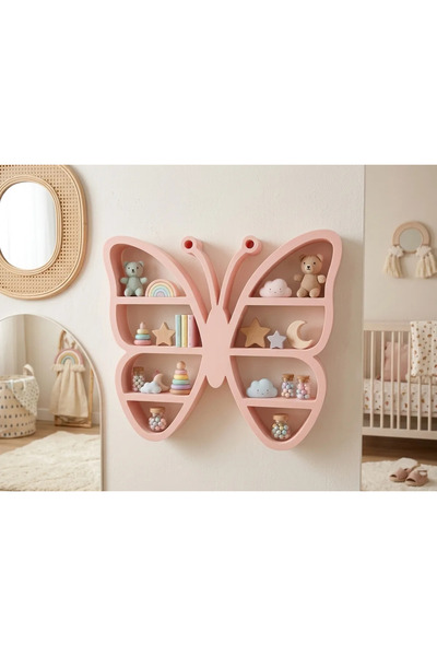 Baby Darling %100 Doğal Pembe Kelebek Dekoratif Raf - Figür, Araba, Mini Oyuncak Standı (25cm Genişlik)