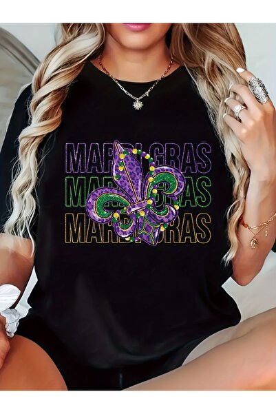 NOURAM Women'S Mardi Gras Graphic T-Shirt - Purple, Green Golden Design with ...