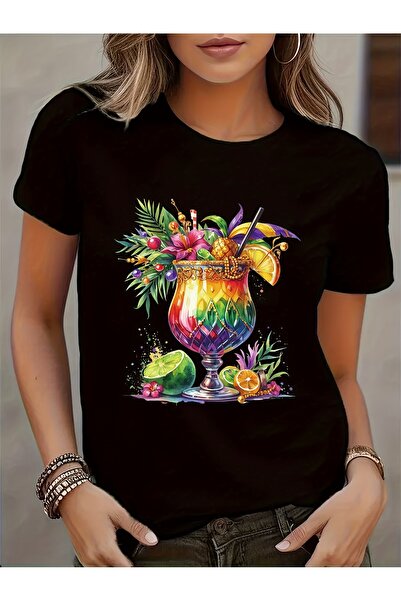 212Wear Women's Short Sleeve T-Shirt - Tropical Cocktail Geometric Print Semi...