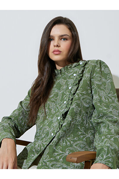 Take Two By Styli Green Ruffle Neck Long Sleeve Shirt