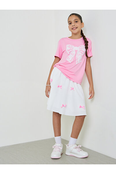 Styli Teens Pink Bow T-Shirt And Knee Length Skirt Set
