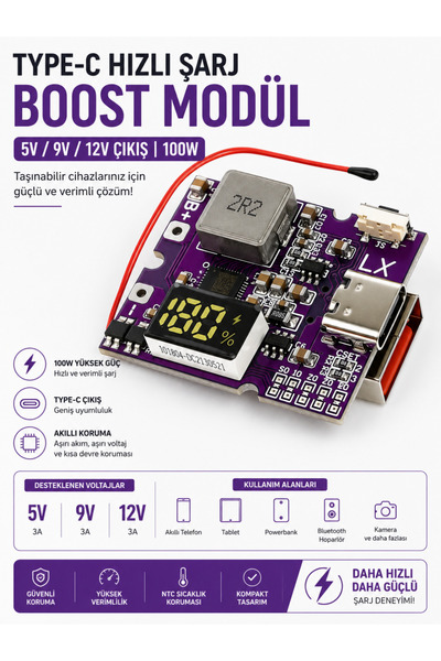 RoboPazar 22.5W Hızlı Şarj Destekli Power Bank Devresi, LCD Ekranlı QC3.0 / P...