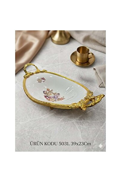 konak alışveriş Konk Shopping 5031-Sunum Plate Porcelain Desen Oval Gold