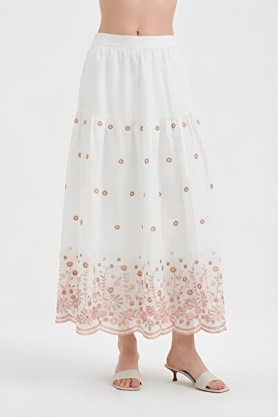 tw3 Fusta de damă cu detaliu de broderie la tiv, cu talie elastică și design ...