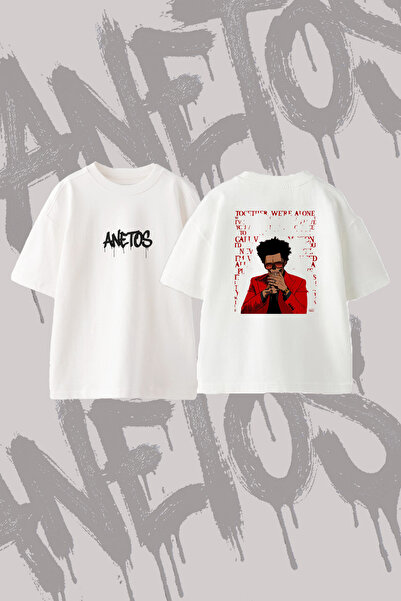 Anetos The Weeknd Памучна бяла овърсайз тениска с дизайн на череп, принт на г...