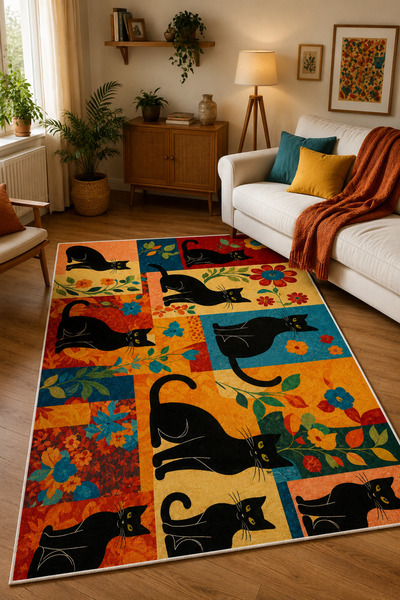 Aybek Home Kedi Temalı Renkli Desenli Baskılı Taban Yıkanabilir Salon Oturma ...